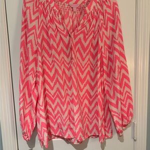 Lilly Pulitzer Pink and White Graphic Blouse with Bib Collar